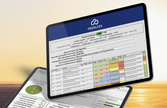 Peerless DoD SPRS Scoring and Self-Assessment Tool running on a tablet.